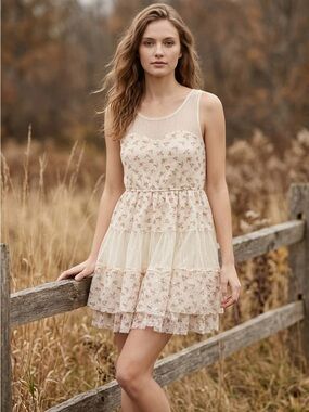 Ultra Pink Cream Floral Lace Tiered Mini Dress